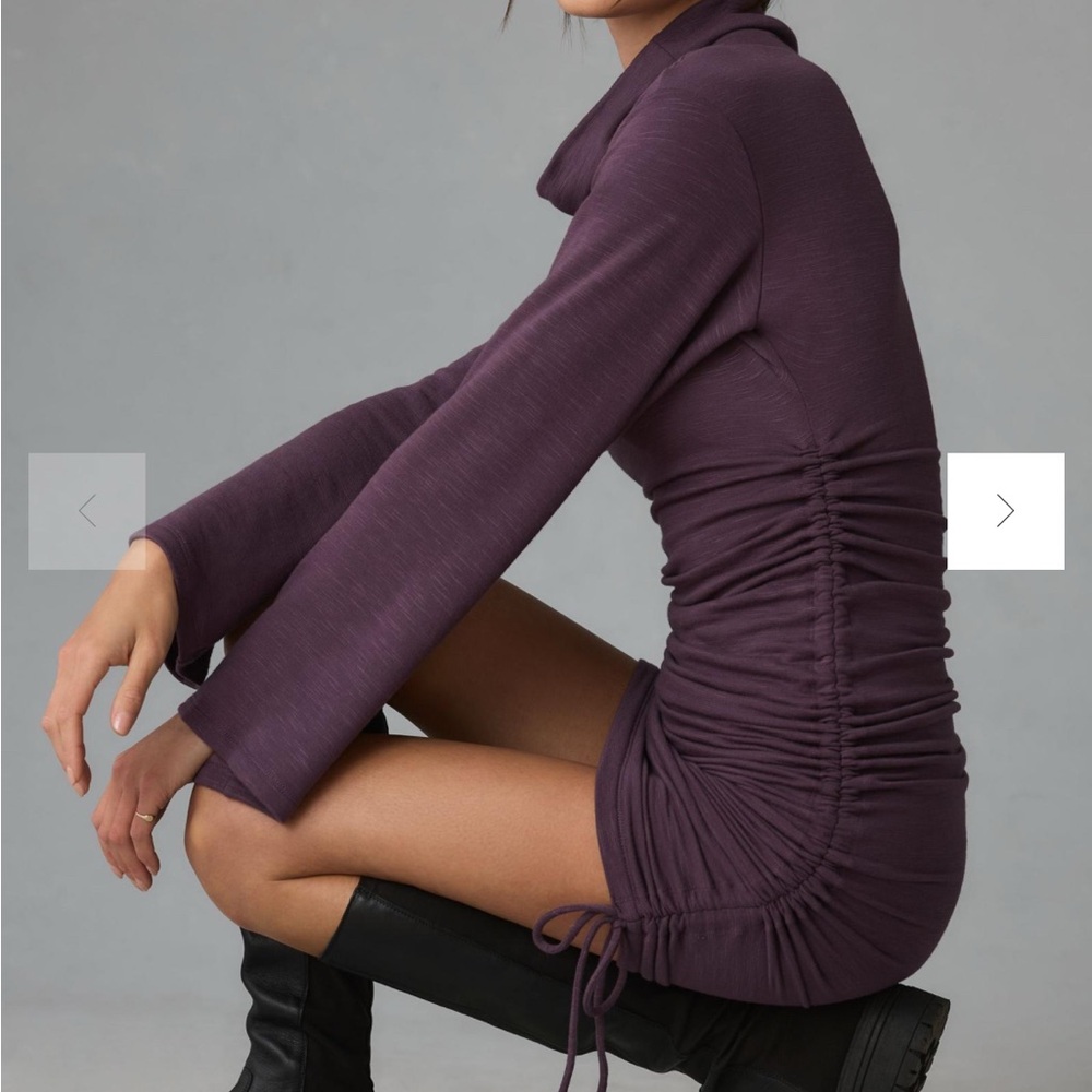 NWT Anthropologie Daily Practice Long Sleeve Ruched Mini Purple Knit Dress